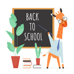 Back to school concept vector illustration. Cartoon flat giraffe teacher character with pointer and glasses standing at school blackboard, teaching animal students, education concept isolated on white