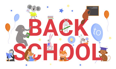 Back to school text motivation education concept vector illustration. Cartoon flat animal student characters schooling, standing and sitting with book or textbook next to big letters isolated on white