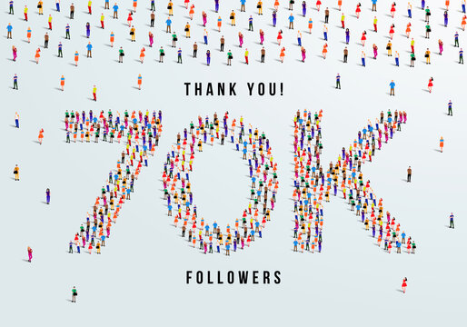 Thank you 70K or seventy thousand followers. large group of people form to create 70K vector illustration