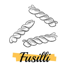 Italian Fusilli pasta. Drawing engraving, ink, line art. Traditions of Italian cuisine. For menu design, packaging, etc. Isolated on a white background.