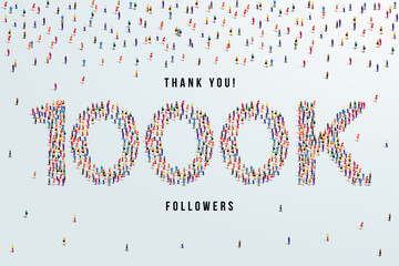 Thank you 1000K or one thousand k followers. large group of people form to create 1000K vector illustration - obrazy, fototapety, plakaty