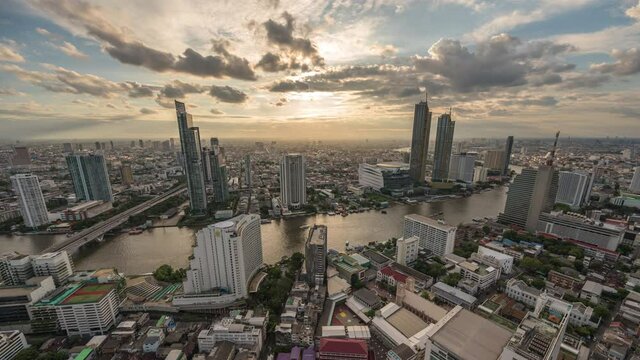 Bangkok city skyline sunset timelapse at Chao Phraya River and Icon Siam, Bangkok, Thailand 4K time lapse