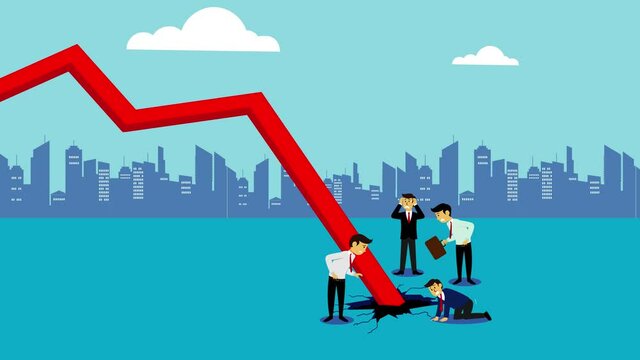 Terrified business people looking at declining arrow