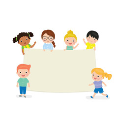 Cartoon kids holding empty banner template. Blank space for text or design. Multi-ethnic group of children.