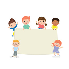 Cartoon kids holding empty banner template. Blank space for text or design. Multi-ethnic group of children.