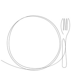Plate and fork one line drawing. Vector illustration