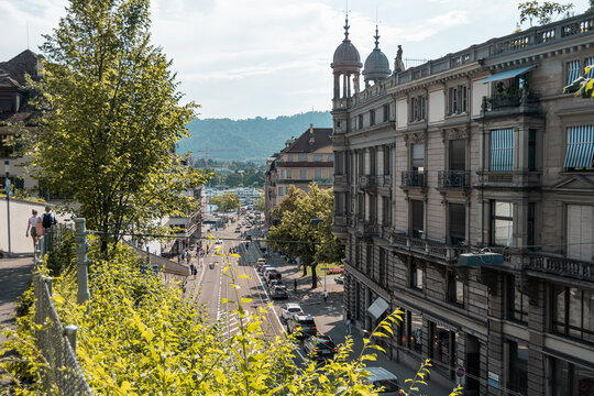 Top view of the street in Zurich. Cars traffic, wires, beautiful architecture
