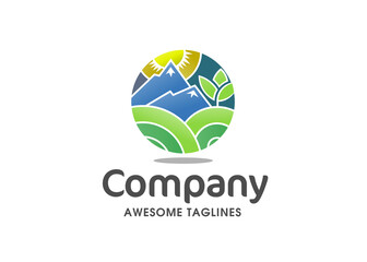 Vector logo of geometric mountain and nature abstract elements. Round sacred symbol. Outline icon of landscape,