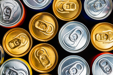 Group of aluminium cans, cold drink. Top view.
