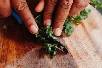 Closeup shot of hand chopping coriander
