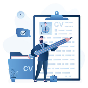 Businessman job seeker hold big pencil and write cv. Resume of candidate with avatar. Unemployment, workless male character searching job.