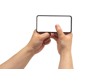 Smart phone in man hand isolated on white background.  White screen.