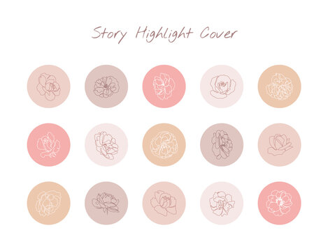 Set of icons and emblems for social media story highlight covers. Beautiful floral design with rose and peony line art flowers. - Vector