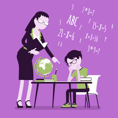 Female teacher and boy student. Unhappy child studying under strict control, bored single pupil doing homework with tutor, school practicing learning at home. Vector creative stylized illustration