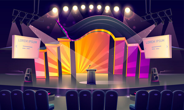 Stage with tribune, bright decoration and spotlights. Vector cartoon illustration of empty scene for presentation, conference and public event with pulpit, screens and seats for audience