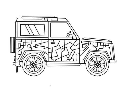 SUV cars. Big car. Coloring book for children. Road car, truck, traffic. Simple lines, author's illustrations.