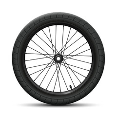 Black front wheel bicycle BMX. Sports tire with universal tread and marking, rim, spokes, valve and hub. Vector bike parts