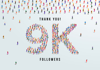 Thank you, 9k or nine thousand followers celebration design. Large group of people form to create a shape 9k. Vector illustration.