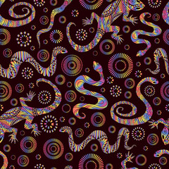 Vintage abstract psychedelic lizards and snakes seamless pattern, isolated on dark brown background.