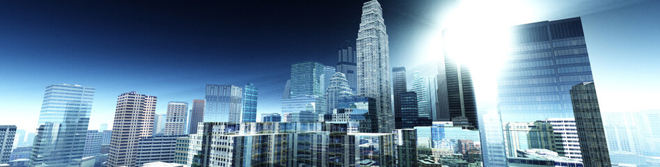 Obraz premium City at sunrise, skyscrapers in the rays of the sun, 3D rendering