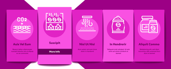 Coffee Production Onboarding Mobile App Page Screen Vector. Coffee Production Factory And Conveyor, Roasted Beans And Tree, Truck Delivery And Package Illustrations