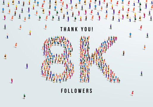 Thank you, 8k or eight thousand followers celebration design. Large group of people form to create a shape 8k. Vector illustration.
