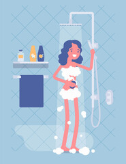 Woman taking a relaxing shower soaping with foam. Girl standing in a bathroom, enjoy having morning personal hygiene routine and healthy pleasure spa procedure. Vector flat style cartoon illustration