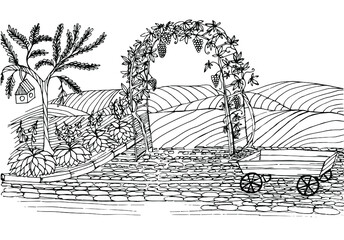 Anti-stress coloring black and white vector drawing drawn by hand. Illustration of nature, for painting trees, flowers, grapes, carts, fields. Suitable for posters, postcards, stickers, and book desig