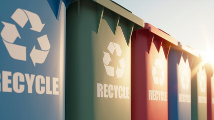Recycle bins at sunset