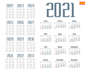 Spanish calendar 2021 - 2033 on white background, week starts on Sunday