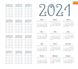 Spanish calendar 2021 - 2033 on white background, week starts on Sunday