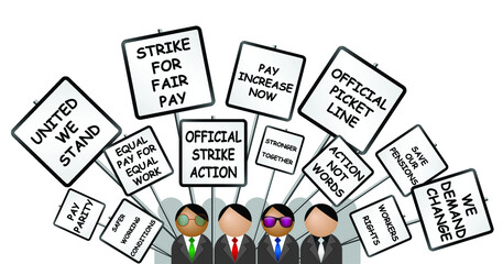 Workers on strike demonstrating with their demands on placards isolated on white background