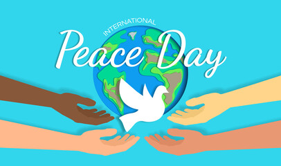 international peace day multiracial hands holding dove  and earth planet banner design   paper cut vector illustration