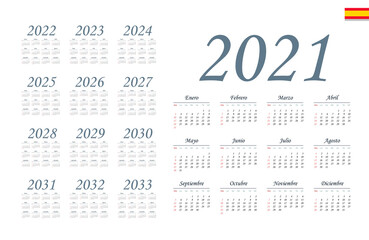 Fototapeta na wymiar Spanish calendar 2021 - 2033 on white background, week starts on Sunday
