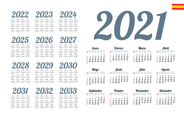 Spanish calendar 2021 - 2033 on white background, week starts on Sunday