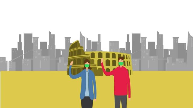 Two people wears face mask near Colosseum building