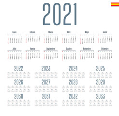 Spanish calendar 2021 - 2033 on white background, week starts on Sunday