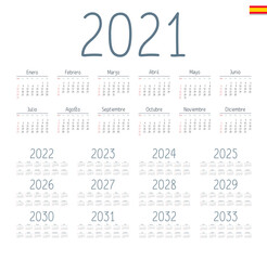Spanish calendar 2021 - 2033 on white background, week starts on Sunday