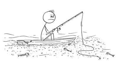 Vector cartoon stick figure drawing conceptual illustration of man fishing fish on dry river or sea changed in desert. Business or ecology concept.