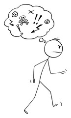 Vector cartoon stick figure drawing conceptual illustration of angry man walking away with thought bubble or balloon with negative pictograms.