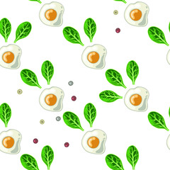 Fried egg isolated on white background with spinach and pepper, vector illustration