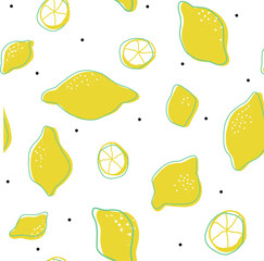 Seamless pattern with yellow lemons. Fruit repeated background with dots. Lemonade, tropical, party, summer, citrus, tea theme. Vector bright print for fabric, textile,  or wallpaper.