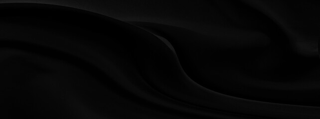 Black gray satin dark fabric texture luxurious shiny that is abstract silk cloth panorama background with patterns soft waves blur beautiful.