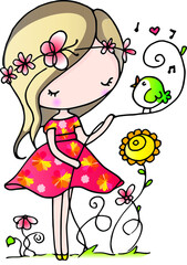 vector cartoon girl with green bird and flower
