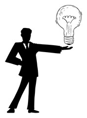 Vector cartoon figure drawing conceptual illustration of black silhouette of man in suit or businessman holding big light bulb. Concept of Idea, creativity or solution.