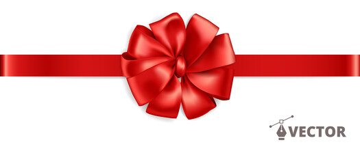 Banner with gift bow. Red ribbon isolated. Gift card design template. Vector holiday decoration. Great for christmas and birthday cards, sale banners. Easy to change colors and reposition the bow.