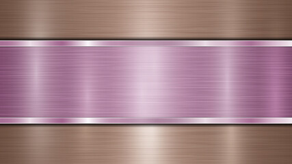 Background consisting of a bronze shiny metallic surface and one horizontal polished purple plate located centrally, with a metal texture, glares and burnished edges