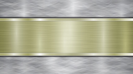 Background consisting of a silver shiny metallic surface and one horizontal polished golden plate located centrally, with a metal texture, glares and burnished edges