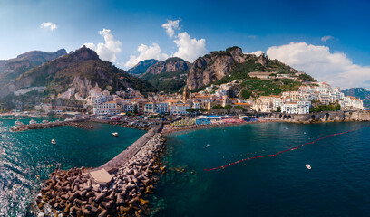 Aerial view high pesolution panorama of the Amalfi city, Summer day. Travel and vacation to Europe...