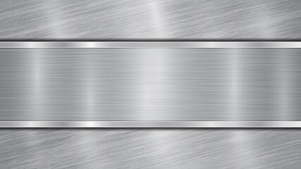 Background in silver and gray colors, consisting of a shiny metallic surface and one horizontal polished plate located centrally, with a metal texture, glares and burnished edges